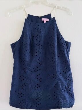 Lilly Pulitzer Navy Cotton Eyelet Floral Halter Top with Pink Label Detail Sz 8